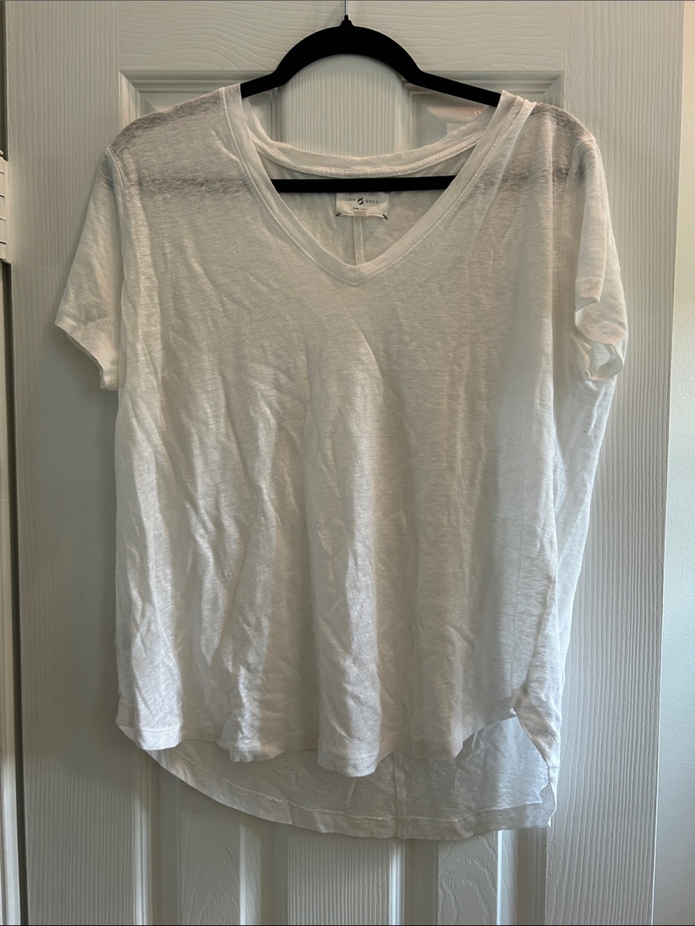 Lou & Grey 100% Linen White V-Neck Short Sleeve Tee Large Elevated Basics
